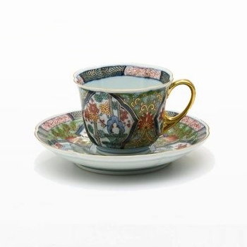 有田焼　緑濃梅竹　珈琲碗皿　木箱付