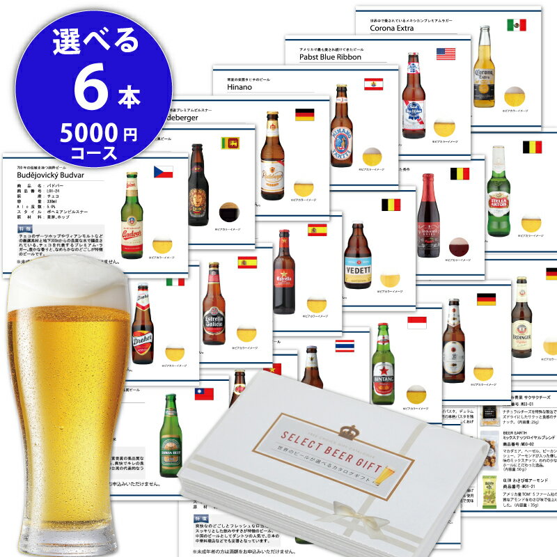 ビール カタログギフト 5000円 コース 世界のビール 19種類と おつまみ 10種類から 自由に6個 選べる WORLD BEER SELECT 6 ギフトカタログ バレンタイン 寒中御見舞 退職祝 賞品 誕生日 プレゼント 香典返し 熨斗・ラッピング対応 お酒ギフトビール ギフト券 チケット