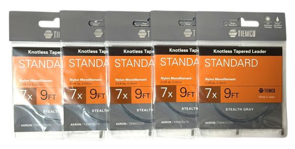 正規品 素材：ナイロン カラー：ステルスグレー スペック：7X、9FT コンディション：新品、パッケージは汚れ、シールの剥がし跡等ダメージがあるものもございます。 予めご了承ください。ネコポスで発送いたします。(追跡番号あり、3000円まで保証有、ポスト投函（ポストに入らない場合は持ち戻ります）、重さ1Kg以内、厚さが2.5cmまでの為、基本的には緩衝材等を使えない点、日時指定、代金引換は不可な点、予めご了承下さい） ■コメント■ ティムコ ノットレステーパーリーダー スタンダード 7X 9FT 5個セットです。 かなり価格を抑えておりますので探していたお客様、この機会にいかがでしょうか？
