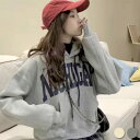 レディース BIGパーカー カレッジ風 ロゴ ビッグシルエット 大きめ ゆったり フード プリント カジュアル アメカジ 韓国ファッション M L 「M240」