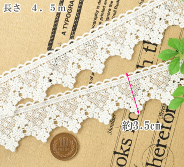 ケミカルレース 長さ約4.5m 幅約3.5cm 《 ケミカルレース レーヨンレース オフホワイト 白 モチーフ 手芸 国産 高級レース カルトナージュ 手作り ハンドメイド 》