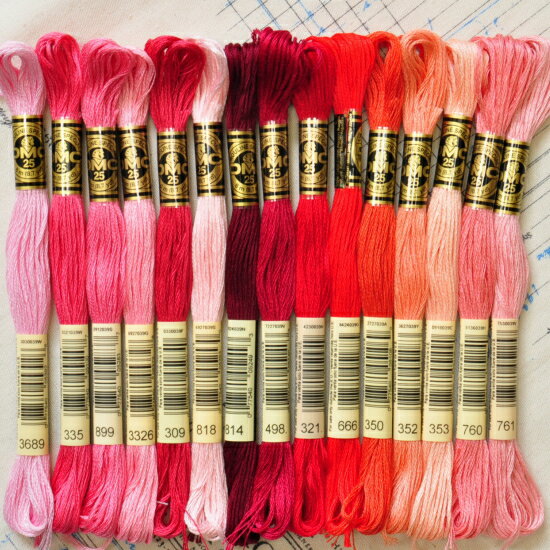 DMC社の刺繍糸 25番糸 赤〜ピンク系全16色から 《 刺しゅう 刺繍糸 ミサンガ 刺しゅう糸 マクラメ 》
