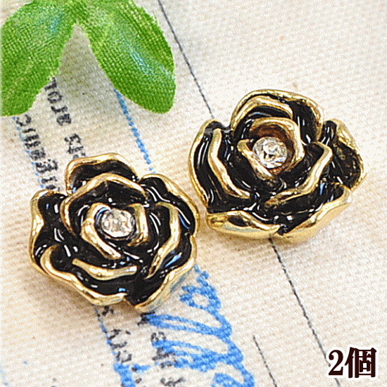 Rakuten - 【半額セール】 お花 の デコパーツ 約1.4cm 2個 ■ フラワー 薔薇 ばら バラ ブラック 14mm ビジュー メタルチャーム アクセサリー パーツ チャーム イヤリング セット ピアス パーツ デコ スマホ スマホデコ ハンドメイド 手芸 手作り ■