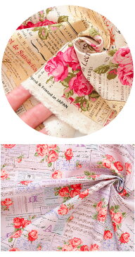 綿麻キャンバス 生地 ローズ コラージュ 《 花柄 薔薇 ばら バラ 英字 ロゴ エンブレム 楽譜 音符 布 綿 麻 コットン リネン エプロン バッグ インテリア 雑貨 ハンドメイド 手芸 手作り 》