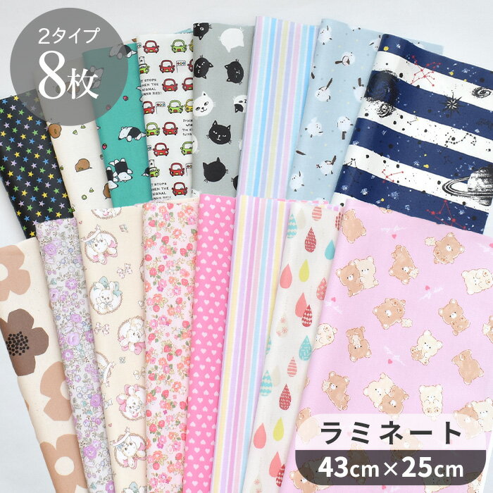 選べる ラミネート 生地 アソート カットクロス セット 約43×25cm 8枚 全3種 ■ 男の子 女の子 キッズ ビニールコーティング ビニコ 布 花 花柄 動物 くま 車 ストライプ アニマル つや消し 子供 はぎれ お食事 エプロン ■