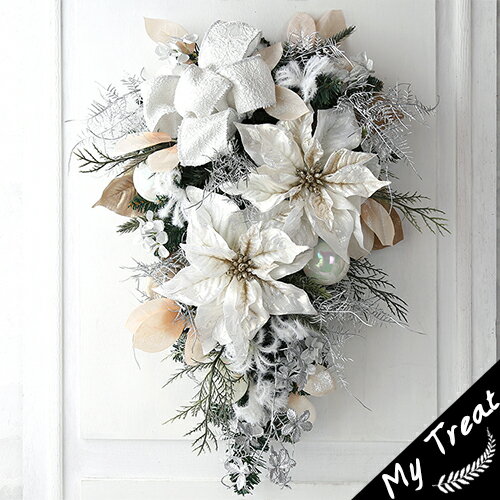 クリスマススワッグ ホワイト 全長60cm 玄関ドア用 ポインセチア グリッター 豪華 キラキラ エレガント 冬飾り クリスマスデコレーション ホワイトクリスマ...
