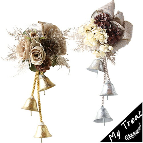 フローラルベル クリスマス デコレーション 壁掛け おしゃれ インテリア 松かさ バラ ベル付き スワッグ ゴールド 上品 飾り付け ギフト
