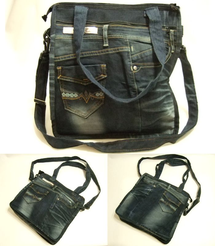横浜最新 魅惑のデニム 手提げ&ショルダーツーウェイリメイクバッグ♪2連巾広チャック横巾33cm縦36cm マチ10cm底板付き 送料無料98(4)