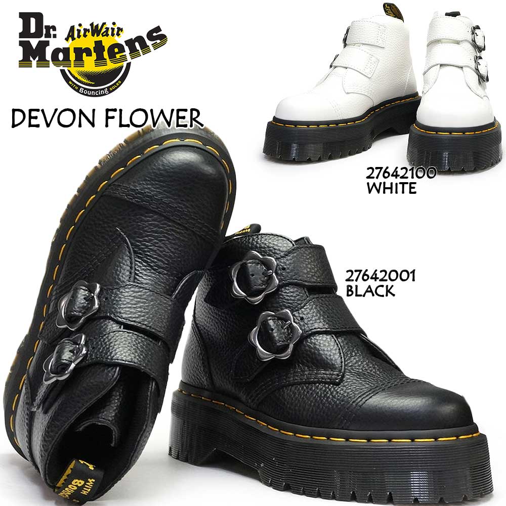 ドクターマーチン ドクターマーチン レディース DEVON FLWR 厚底 2ストラップブーツ 本革 ダブルハイト シボ フラワーバックル Dr.Martens QUAD RETRO DEVON FLOWER