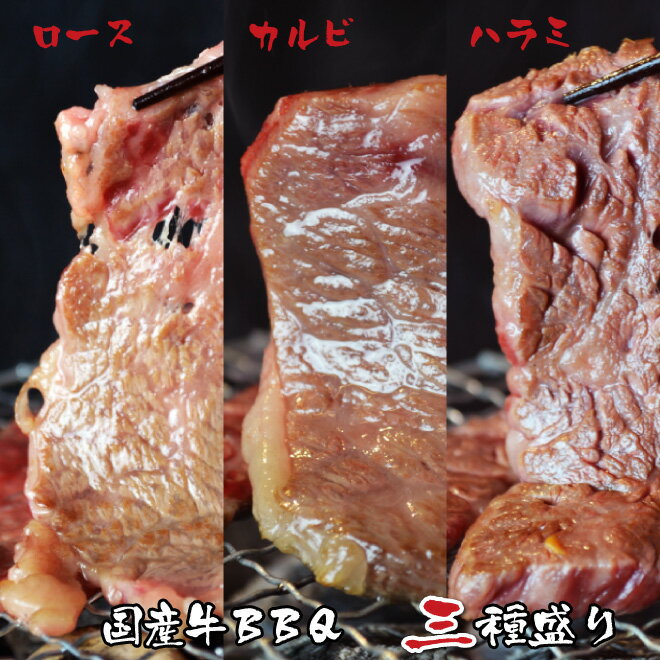 父の日 内祝　ギフト プレゼント 誕生日 牛肉 国産牛 BBQ3種盛り カルビ 100g ロース 100g ハラミ 100g..