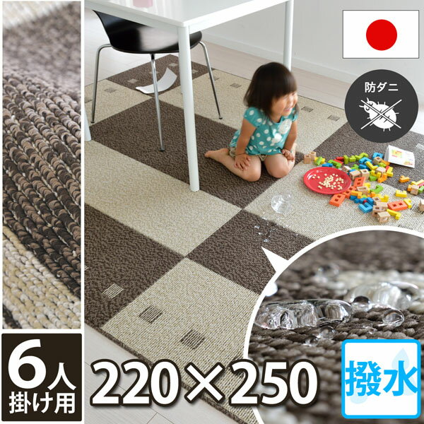 【完売】ダイニング ラグ 撥水 床暖房対応 フロア マット 220×250（6人掛け用）カーペット ブロック デザイン（防汚・防ダニ・抗菌・ホットカーペット対応）アイボリー/ブラウン オールシーズン対応 食事 食べこぼし モダン 北欧 日本製 gnash