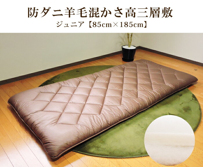 敷き布団 三層 ジュニア かさ高 羊毛混 防ダニ シンプルカラー ポリエステル 固芯入 ウール キッズ 子供用 ふとん 日本製 寝具 敷布団 送料無料 ようもう ぶとん マット マットレス 敷きパッド 腰痛 極厚 眠り姫 [2]