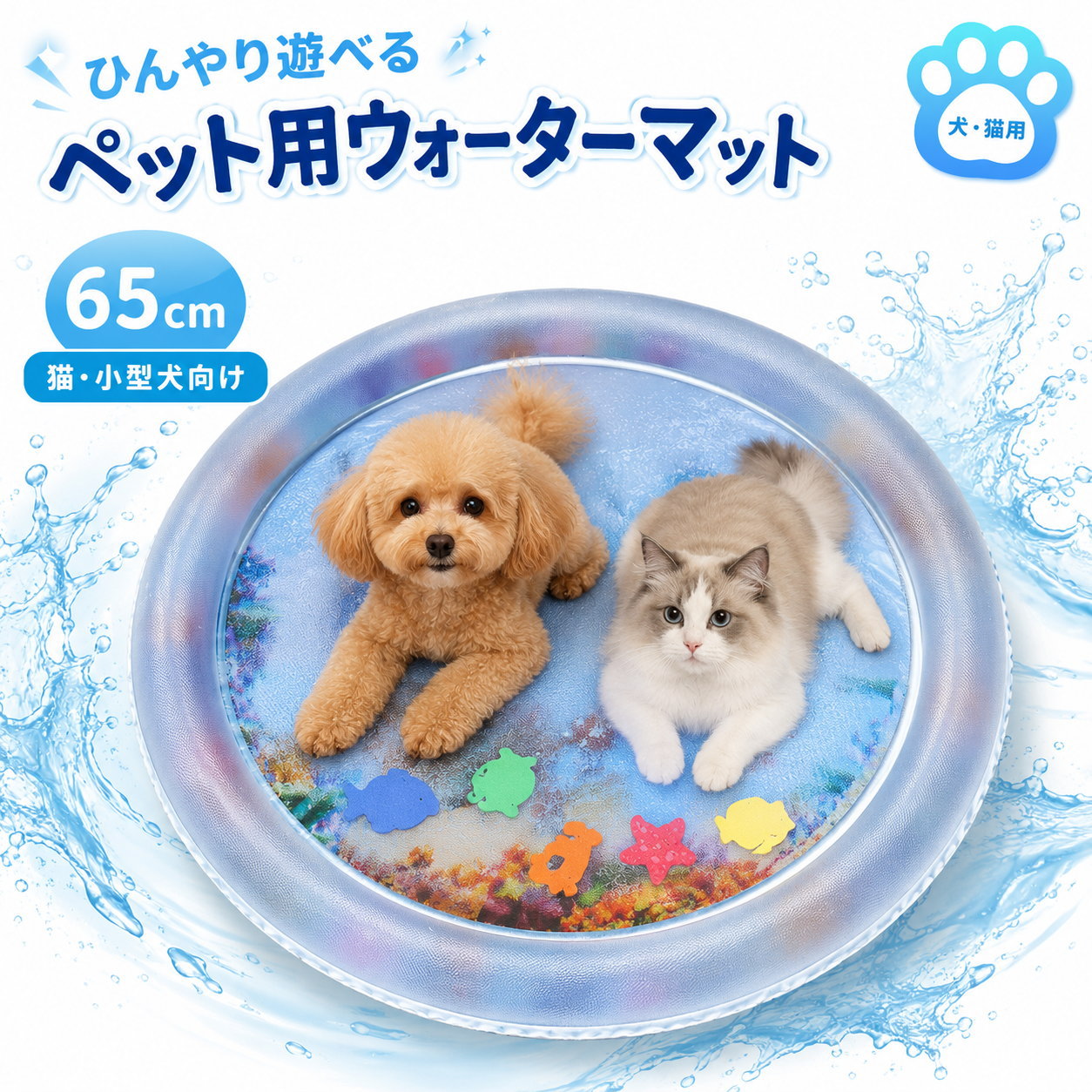 特徴暑い季節のペットの休憩や水遊びにおすすめの、犬猫用ウォーターマットです。 水を入れるだけでひんやりとした感触を楽しめ、猫ちゃん・ワンちゃんの暑さ対策や室内遊びにぴったりです。 マット内部にはカラフルな魚型おもちゃ入り。 水の動きに合わせておもちゃがゆらゆら動き、前足でタッチしたり追いかけたりして楽しく遊べます。 【おすすめポイント】 ・水を入れるだけでひんやり快適 ・犬猫兼用 ・魚型おもちゃ入り ・丈夫なPVC素材 ・水拭きしやすい ・軽量、折りたたみ収納OK ・65cm、100cmの2サイズ展開仕様Sサイズ：約65cm 猫・子猫・小型犬向けご使用方法1. 到着後、まず空気を入れて確認してください。 2. 問題がなければ水を入れてください。 3. 水は満タンにせず、30〜50％程度を目安にしてください。 4. キャップをしっかり閉め、水漏れがないか確認してからご使用ください。注意事項・水は満タンにしないでください。 ・強い噛みつきや鋭い爪にはご注意ください。 ・新品時は素材特有のにおいがある場合がございます。 ・気になる場合は洗浄後、風通しの良い場所で乾かしてください。 ・モニター環境により色味が異なる場合があります。 ・サイズは1〜2cm前後の誤差がある場合があります。水を入れるだけでひんやり快適！犬猫用ウォーターマット 内部にはカラフルな魚型のおもちゃが入っており、 猫ちゃんやワンちゃんが前足で叩いたり、動きを追いかけたりして楽しく遊べます。 暑さ対策だけでなく、室内での気分転換やストレス発散にもおすすめです。 暑い季節のペットの休憩スペースや、遊び道具として使える ペット用涼感ウォーターマットです。 マット内部に水を入れて使用することで、ひんやりとした感触を楽しめます。 魚型おもちゃ入り 水の動きに合わせて中のおもちゃがゆらゆら動き、ペットの興味を引きます。 水を入れるだけでひんやり 冷蔵庫や電源は不要。水を入れるだけで手軽に涼感スペースを作れます。丈夫なPVC素材 厚みのあるPVC素材を使用。水拭きしやすく、日常使いに便利です。 Lサイズは別ページにて販売しております。軽量・折りたたみ可能 使用後は水と空気を抜いてコンパクトに収納できます。