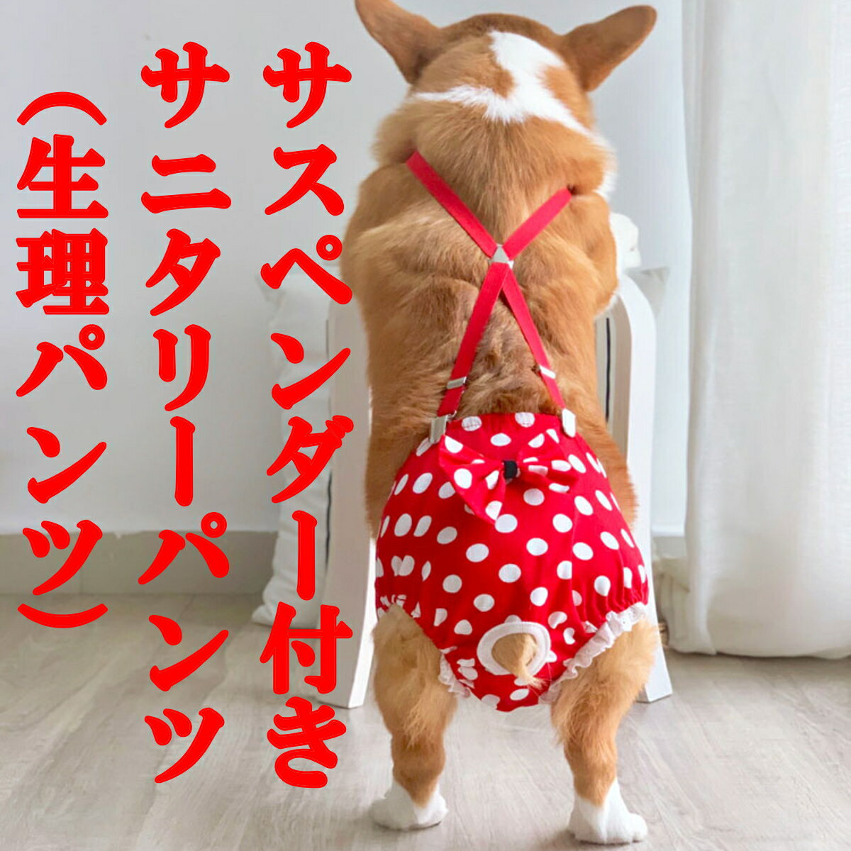 犬服 ドッグウェア サニタリーパンツ 生理パンツ マナーパンツ ドット リボン サスペンダー おむつカバー 女の子用 発情期用 メス 生理用 マーキング 尿もれ オシッコ対策 ずれない マナー ズレ防止 ドッグカフェ 室内 おでかけ ドライブ 送料無料