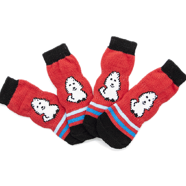 くつしたすべり止ゴム付ワンちゃん用ハイソックス靴下(レッド)(S-XLサイズ)(犬用靴下1足分4個セット)【犬靴下/ソックス/滑り止め/くつした/肉球保護/汚れ防止/小型犬/中型犬/大型犬】【メール便送料無料】