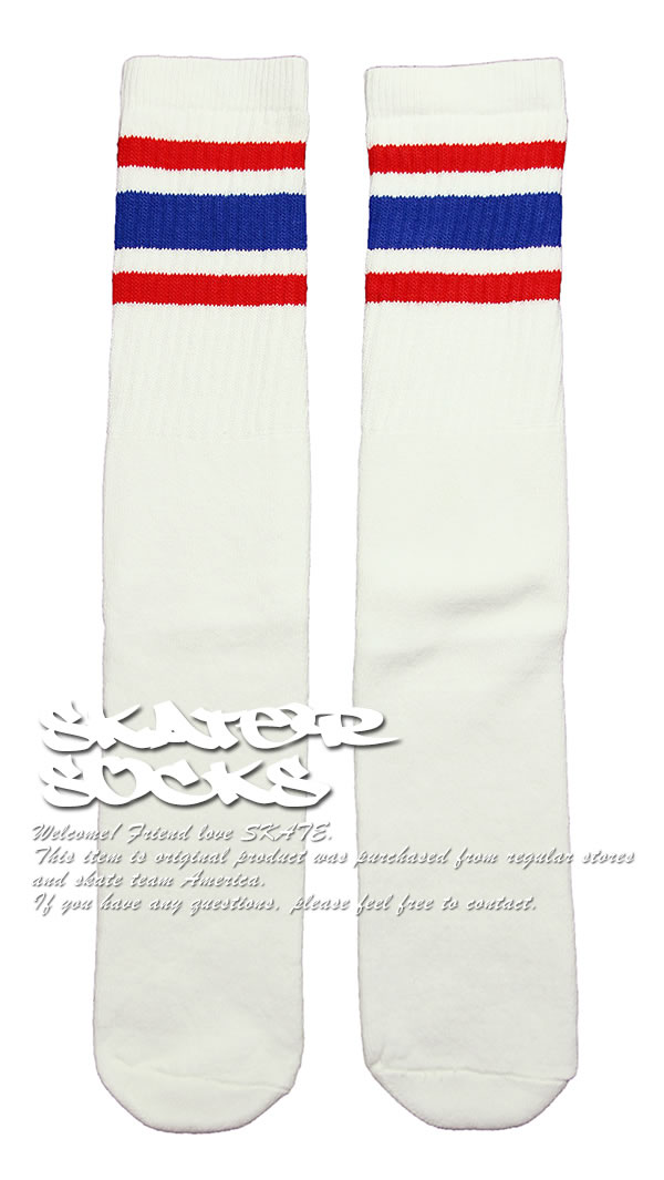楽天スケボーウェア NINJAXSkaterSocks ロングソックス 靴下 男女兼用 ソックス スケート スケボー チューブソックス Knee high White tube socks with Red-Royal Blue stripes style 3 （22インチ） SKATE SK8