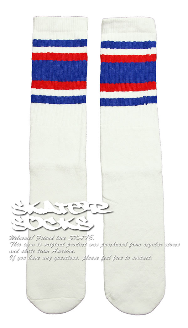 SkaterSocks O\bNX C jp \bNX XP{[ `[u\bNX Knee high White tube socks with Royal Blue-Red stripes style 4 (22C`) SKATE SK8