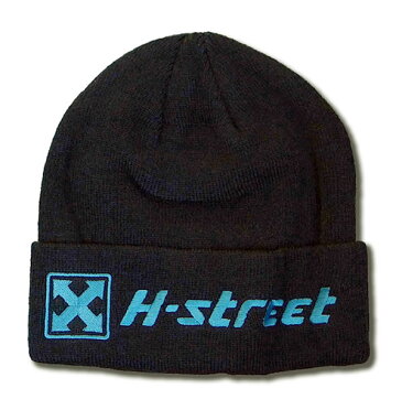 H-Street Skateboards (エイチストリート) ニットキャップ 帽子 ビーニー Mark Logo Fold Knitted Beanie Black/Blue Logo スケボー SKATE SK8 スケートボード