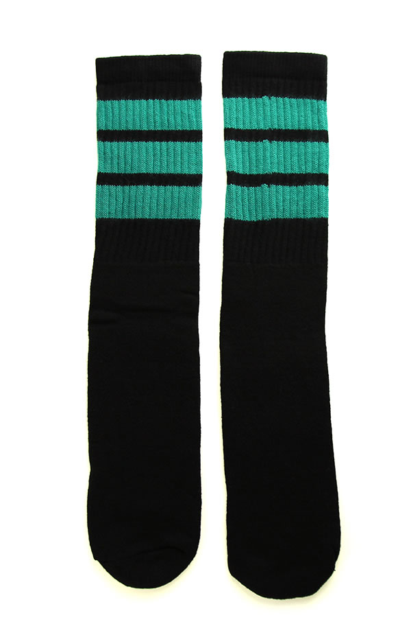 楽天スケボーウェア NINJAXSkaterSocks ロングソックス 靴下 男女兼用 ソックス スケート スケボー チューブソックス Mid calf Black tube socks with Teal stripes style 1 （19インチ） SKATE SK8