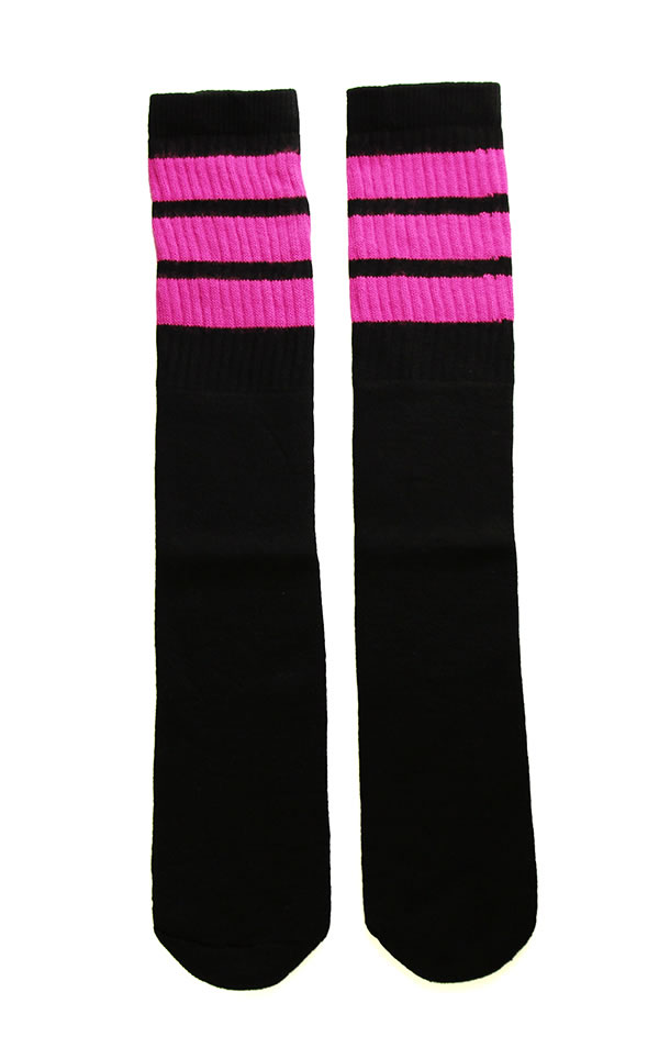 楽天スケボーウェア NINJAXSkaterSocks ロングソックス 靴下 男女兼用 ソックス スケート スケボー チューブソックス Knee high Black tube socks with Hot Pink stripes style 1 （22インチ） SKATE SK8