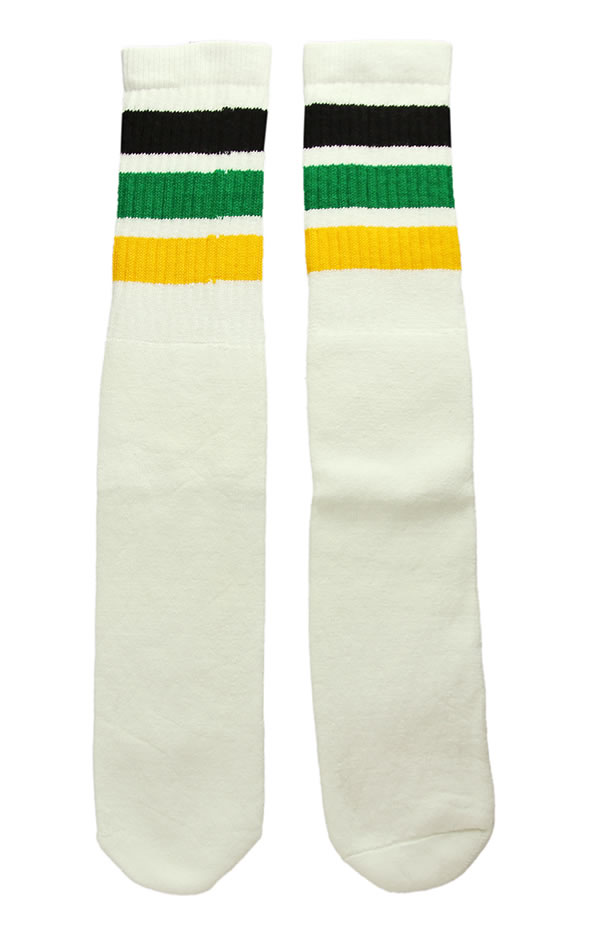 楽天スケボーウェア NINJAXSkaterSocks （スケーターソックス） ロングソックス 靴下 男女兼用 ソックス スケボー チューブソックス Knee high White tube socks with Black-Green-Gold stripes style 1 （22インチ） SKATE SK8
