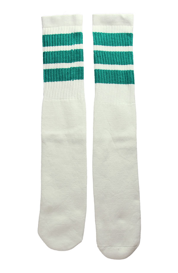 楽天スケボーウェア NINJAXSkaterSocks ロングソックス 靴下 男女兼用 ソックス スケボー チューブソックス Knee high White tube socks with Teal stripes style 1 （22インチ） SKATE SK8