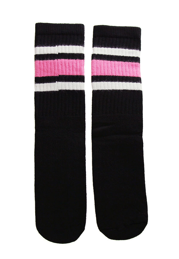 楽天スケボーウェア NINJAXSkaterSocks （スケーターソックス） キッズ 子供 ロングソックス 靴下 ソックス チューブソックス Kids Black tube socks with White-BubbleGum Pink stripes style 3 （14インチ） スケボー SK8 SKATE スケートボード