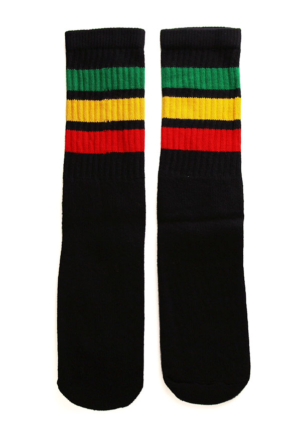 楽天スケボーウェア NINJAXSkaterSocks キッズ 子供 ロングソックス 靴下 ソックス スケート スケボー チューブソックス Kids Black tube socks with Green-Gold-Red stripes style 1 （14インチ） ラスタ レゲエ SK8 SKATE