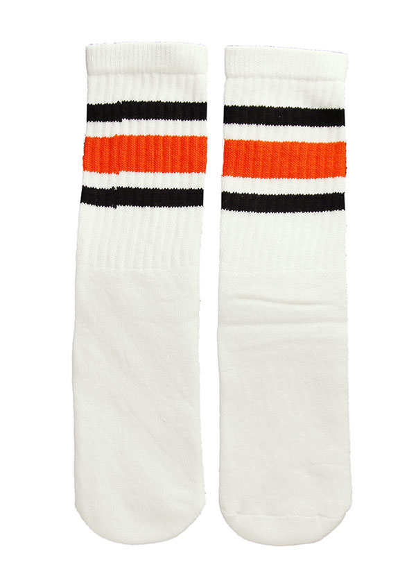 SkaterSocks キッズ 子供 ロングソックス 靴下 ソックス スケート スケボー チューブソックス Kids White tube socks with Black-Orange stripes style 3 (14インチ) SK8 SKATE