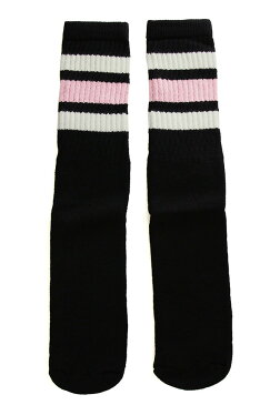 SkaterSocks ロングソックス 靴下 男女兼用 ソックス スケート スケボー チューブソックス(Mid calf Black tube socks with White-Baby Pink stripes style 1)19Inch 19インチ SKATE SK8 HARD CORE PUNK ハードコア パンク HIPHOP ヒップホップ サーフ レゲエ スノボー