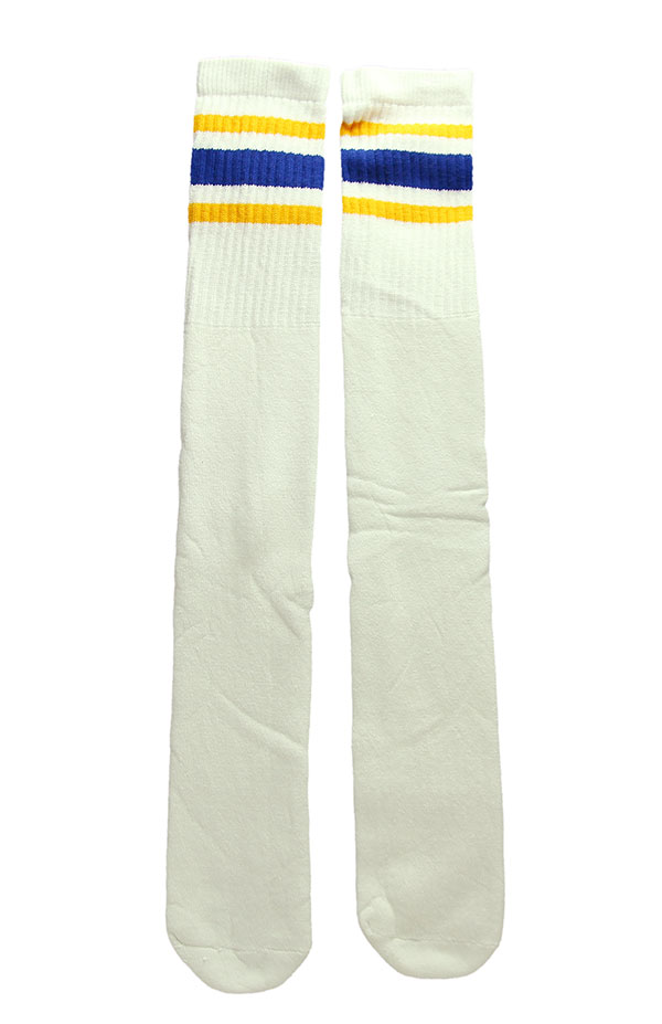 SkaterSocks ロングソックス 靴下 男女兼用 ソックス スケート スケボー チューブソックス Knee high White tube socks with Gold-Royal Blue stripes style 3 (25インチ) SK8