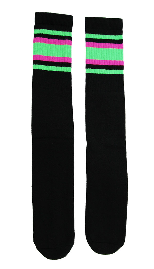 SkaterSocks O\bNX C jp \bNX XP[g XP{[ `[u\bNX Knee high Black tube socks with Neon Green-Hot Pink stripes style 4 (25C`) SKATE SK8