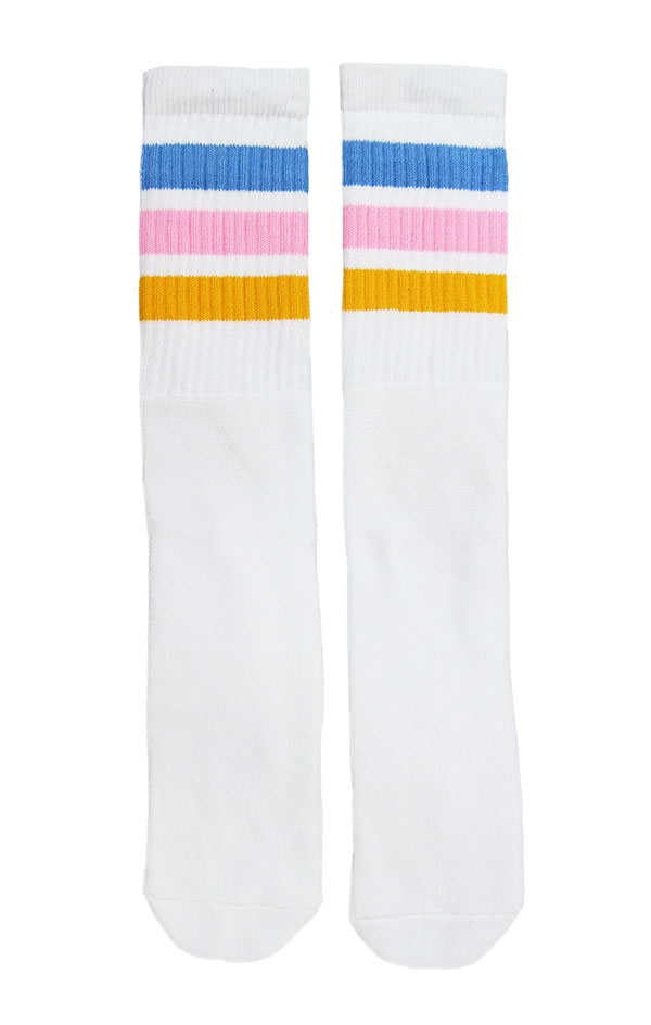 SkaterSocks (スケーターソックス) ロングソックス 靴下 男女兼用 ソックス チューブソックス Knee high White tube socks with Baby Blue-Baby Pink-Gold stripes style 1 (22インチ) スケボー SK8 SKATE スケートボード