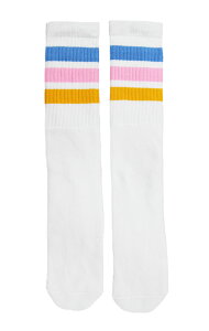 SkaterSocks (スケーターソックス) ロングソックス 靴下 男女兼用 ソックス チューブソックス Knee high White tube socks with Baby Blue-Baby Pink-Gold stripes style 1 (22インチ) スケボー SK8 SKATE スケートボード