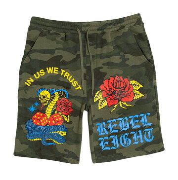 REBEL8(レベルエイト)ショーツ ショートパンツ スウェットパンツ In Us We Trust Camo Shorts 迷彩 メンズ カジュアル ストリート スケボー SKATE SK8 スケートボード HARD CORE PUNK ハードコア パンク HIPHOP ヒップホップ SURF サーフ レゲエ reggae