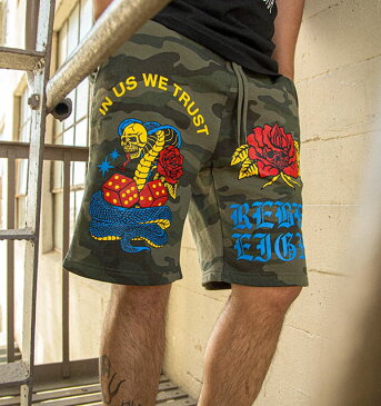 REBEL8(レベルエイト)ショーツ ショートパンツ スウェットパンツ In Us We Trust Camo Shorts 迷彩 メンズ カジュアル ストリート スケボー SKATE SK8 スケートボード HARD CORE PUNK ハードコア パンク HIPHOP ヒップホップ SURF サーフ レゲエ reggae