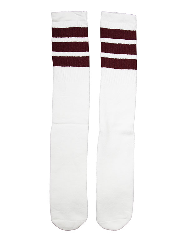 SkaterSocks ロングソックス 靴下 男女兼用 ソックス スケート スケボー チューブソックス Knee high White tube socks with Maroon stripes style 1（25Inch 25インチ）SKATE SK8