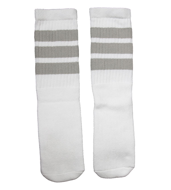 楽天スケボーウェア NINJAXSkaterSocks キッズ 子供 ロングソックス 靴下 ソックス スケート スケボー チューブソックス Kids White tube socks with Grey stripes style 1（14インチ）14 Inch Kids Striped Tube Socks SKATE SK8