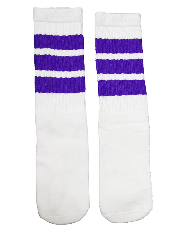 SkaterSocks (スケーターソックス) 14インチ キッズ 子供 ロング チューブソックス 靴下 US MADE 70年代 アメリカ製 レゲエ スケートボード スケボー オールドスクール（ホワイト×パープル）Kids White tube socks with Purple stripes style 1