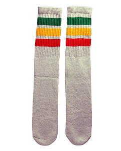 SkaterSocks ロングソックス 靴下 男女兼用 ソックス スケート スケボー チューブソックス Knee high Grey tube socks with Green-Gold-Red stripes style 1 (25Inch 25インチ) ラスタ レゲエ SKATE SK8