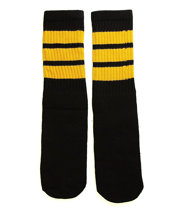 楽天スケボーウェア NINJAXSkaterSocks （スケーターソックス） キッズ 子供 ロングソックス 靴下 ソックス チューブソックス Kids Black tube socks with Gold stripes style 1 （14インチ） スケボー SK8 SKATE スケートボード