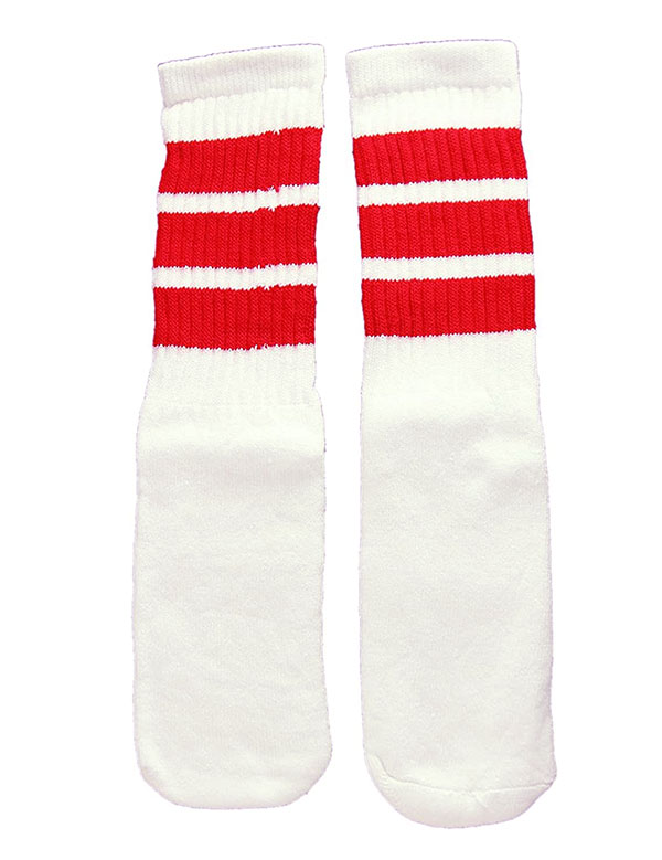 楽天スケボーウェア NINJAXSkaterSocks （スケーターソックス） キッズ 子供 ロングソックス 靴下 ソックス チューブソックス Kids White tube socks with Red stripes style 1 （14インチ） スケボー SK8 SKATE スケートボード