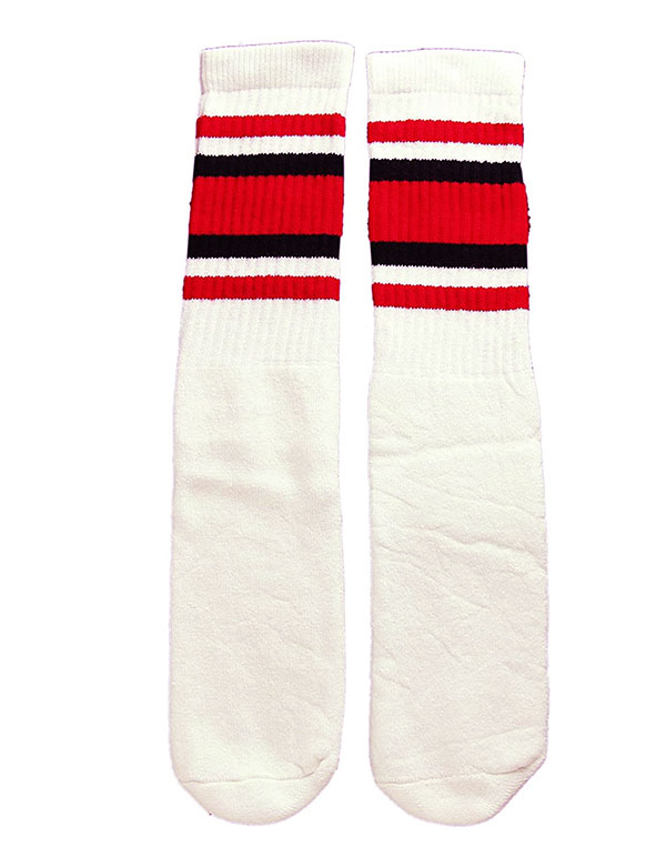 SkaterSocks (スケーターソックス) ロングソックス 靴下 男女兼用 ソックス チューブソックス Mid calf White tube socks with Red-Black stripes style 4 (19インチ) スケボー SK8 SKATE スケートボード