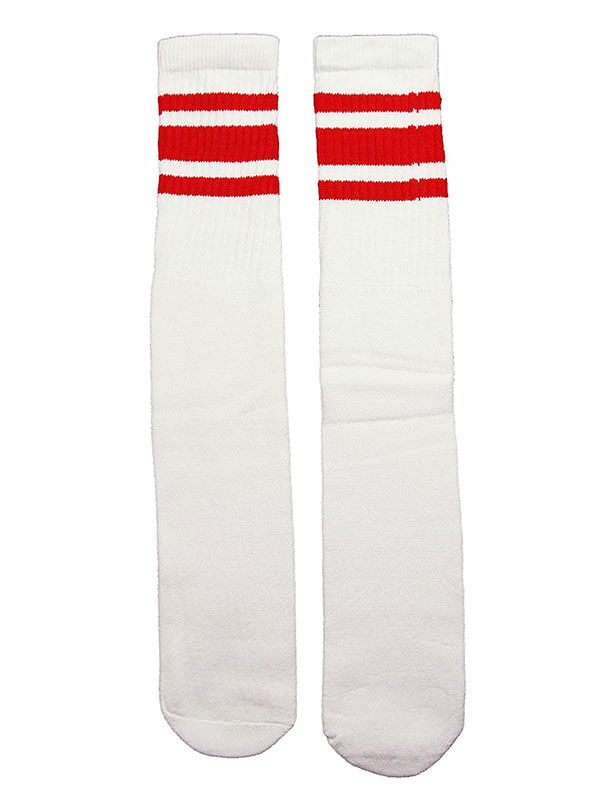 SkaterSocks (スケーターソックス) ロングソックス 靴下 男女兼用 ソックス チューブソックス Mid calf White tube socks with Red stripes style 3 (19インチ) スケボー SK8 SKATE スケートボード