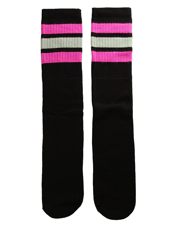 楽天スケボーウェア NINJAXSkaterSocks （スケーターソックス） ロングソックス 靴下 男女兼用 ソックス チューブソックス Knee high Black tube socks with Hot Pink-Grey stripes style 1 （22インチ） スケボー SK8 SKATE スケートボード