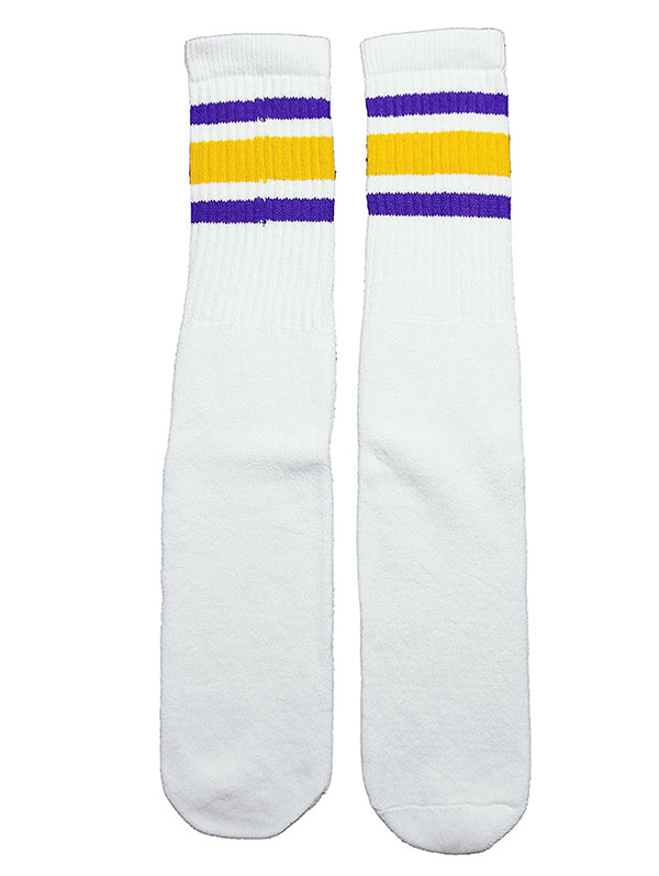 楽天スケボーウェア NINJAXSkaterSocks （スケーターソックス） ロングソックス 靴下 男女兼用 ソックス チューブソックス Knee high White tube socks with Purple-Gold stripes style 3 （22インチ） スケボー SK8 SKATE スケートボード