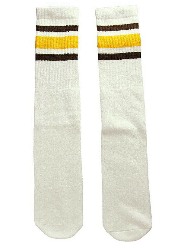 SkaterSocks ロングソックス 靴下 男女兼用 ソックス スケート スケボー チューブソックス Knee high White tube socks with Dark Brown-Gold stripes style 3 (22インチ) SKATE SK8