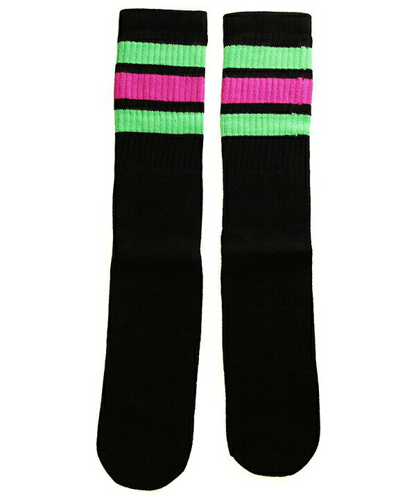 SkaterSocks O\bNX C jp \bNX XP{[ `[u\bNX Knee high Black tube socks with Neon Green-Hot Pink stripes style 1 (22C`) SKATE SK8 XP[g{[h