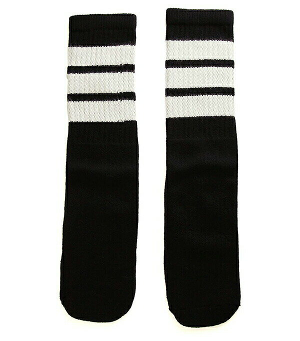 SkaterSocks キッズ 子供 ロングソックス 靴下 ソックス スケート スケボー チューブソックス Kids Black tube socks with White stripes style 1 (14インチ) SKATE SK8 スケートボード