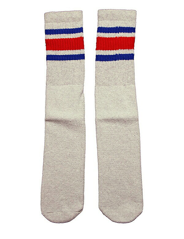 楽天スケボーウェア NINJAXSkaterSocks ロングソックス 靴下 男女兼用 ソックス スケボー チューブソックス Knee high Grey tube socks with Royal Blue-Red stripes style 3 （22インチ） SKATE SK8 スケートボード